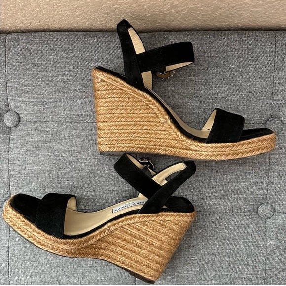 Jimmy Choo Crystal Embellished Buckle Espadrille Wedge Heels Shoes Black Leather - Picture 5 of 9